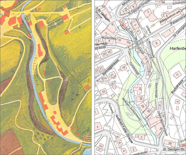 Mülenen Stadtplanausschnitte 1828 2023